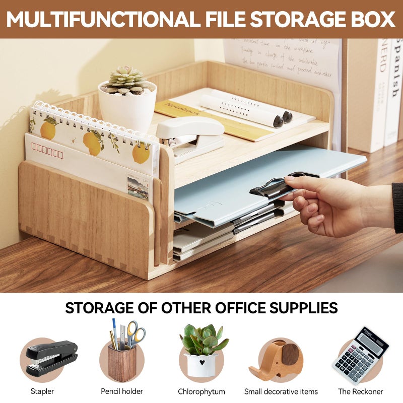 KIRIGEN Wood 3-Tier Office Desktop Document Tray - Mail Sorter Organizer Rack - Wooden Document Letter Stand for Folders, Mail, Stationary, Desk Accessories Natural(2TP-NA) - Image 2